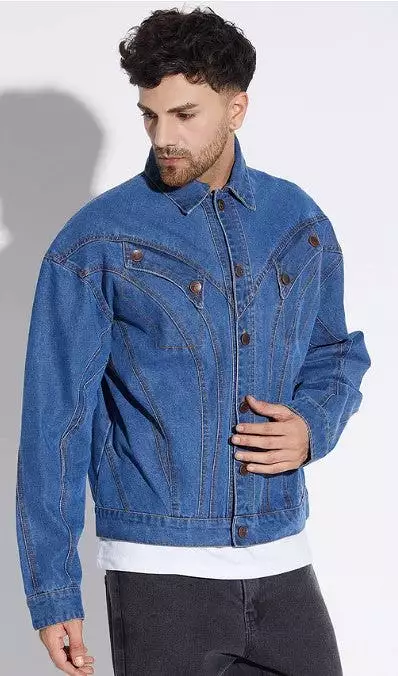 MID WASH WAVY PANELLED OVERSIZED DENIM JACKET