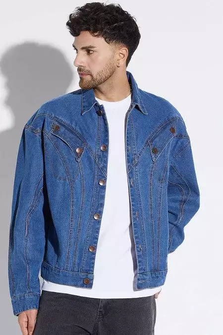 MID WASH WAVY PANELLED OVERSIZED DENIM JACKET