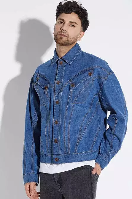 MID WASH WAVY PANELLED OVERSIZED DENIM JACKET