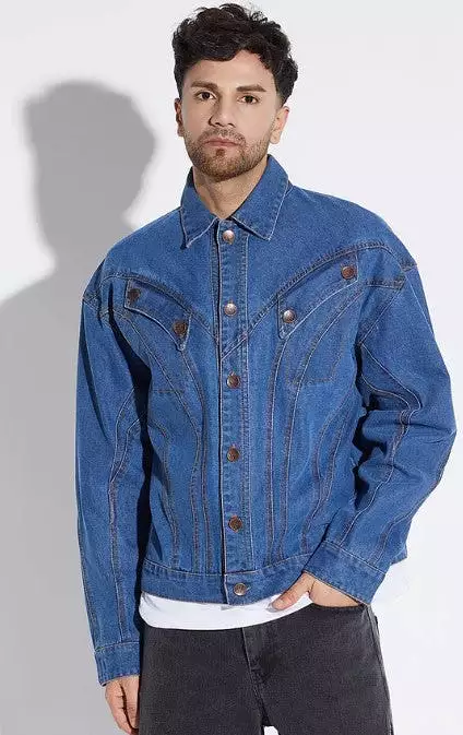 MID WASH WAVY PANELLED OVERSIZED DENIM JACKET