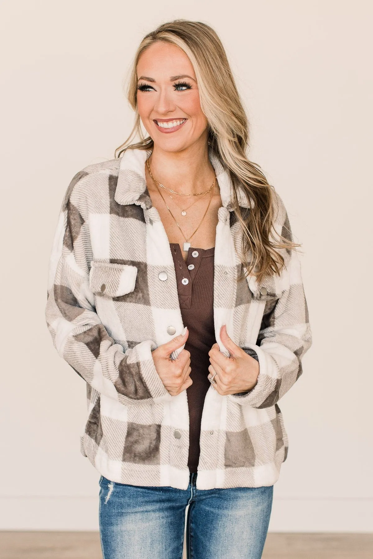 Mistletoe Kisses Plaid Button Sherpa- Ivory & Grey