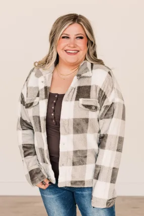 Mistletoe Kisses Plaid Button Sherpa- Ivory & Grey