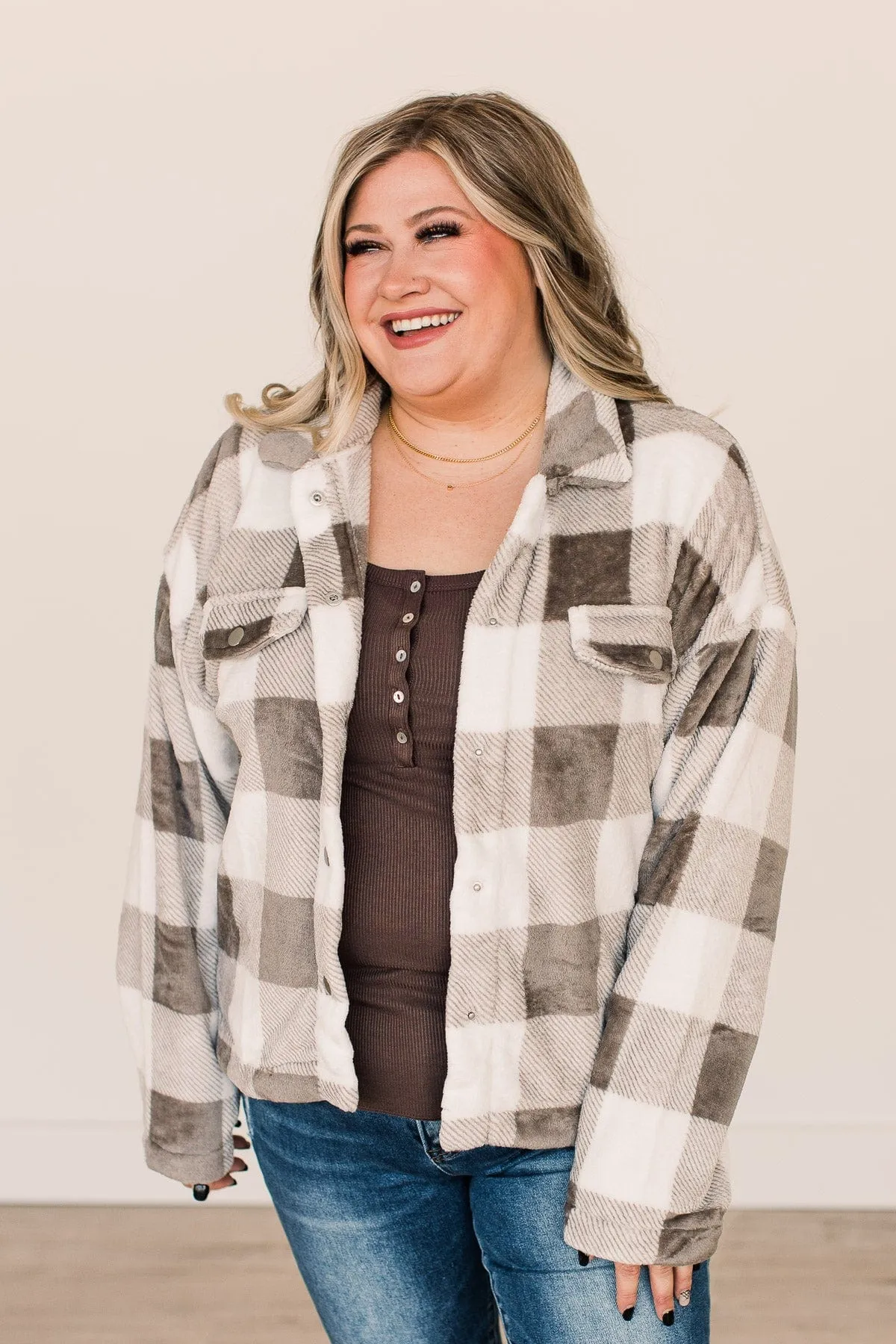 Mistletoe Kisses Plaid Button Sherpa- Ivory & Grey