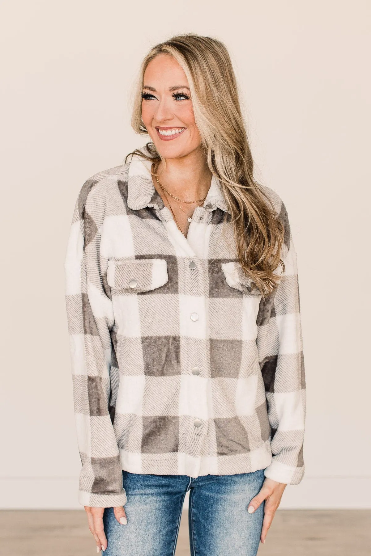 Mistletoe Kisses Plaid Button Sherpa- Ivory & Grey