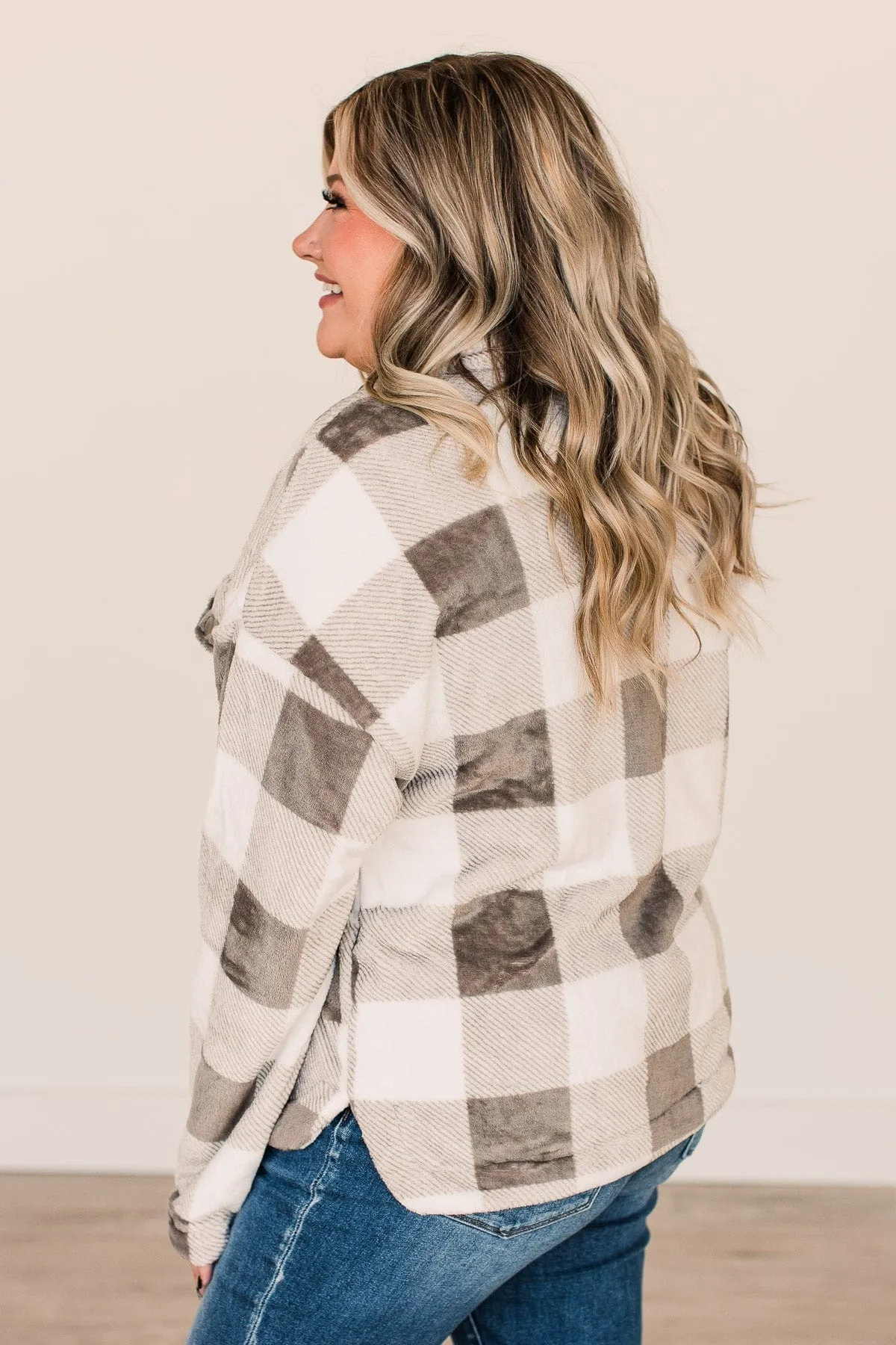 Mistletoe Kisses Plaid Button Sherpa- Ivory & Grey