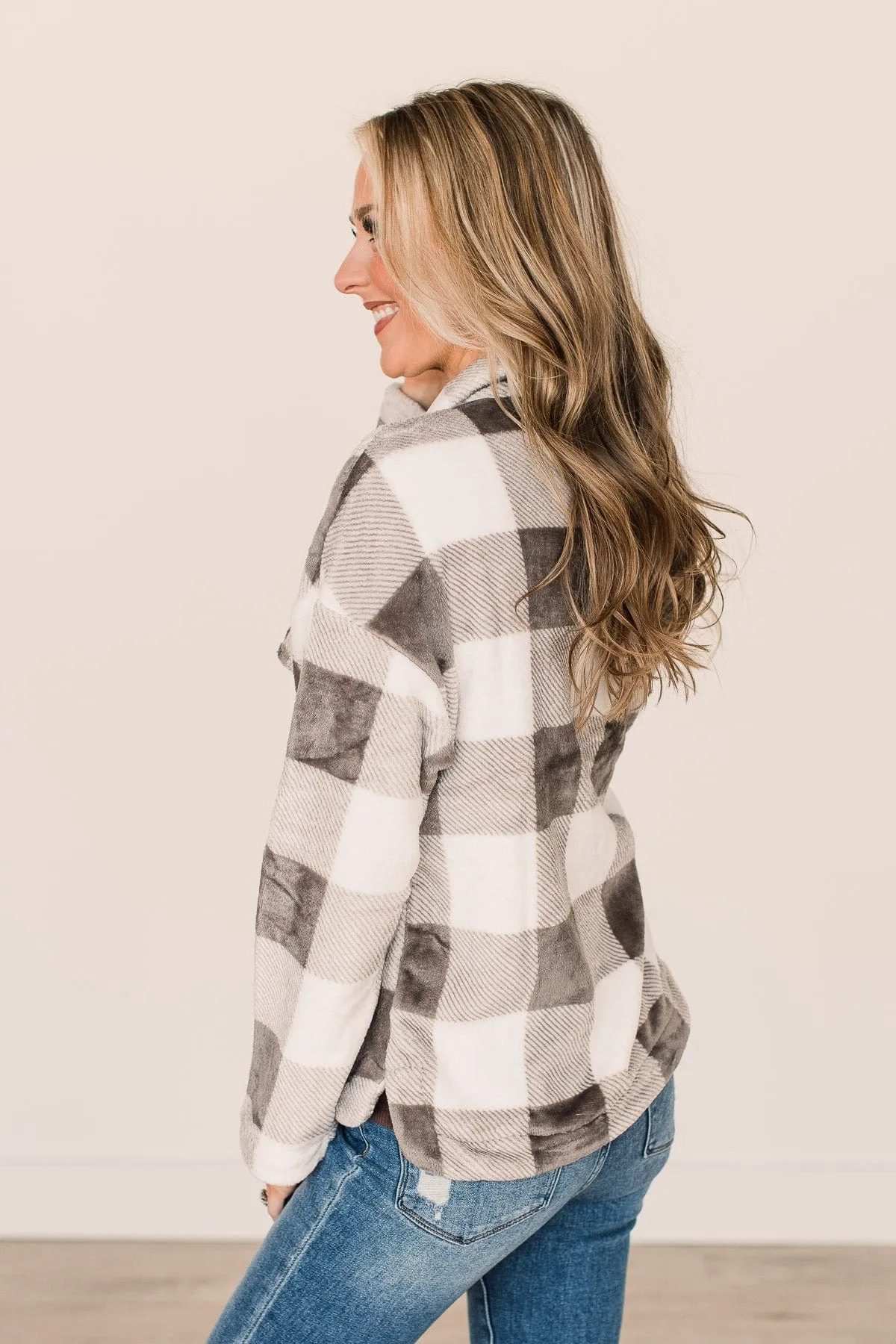 Mistletoe Kisses Plaid Button Sherpa- Ivory & Grey