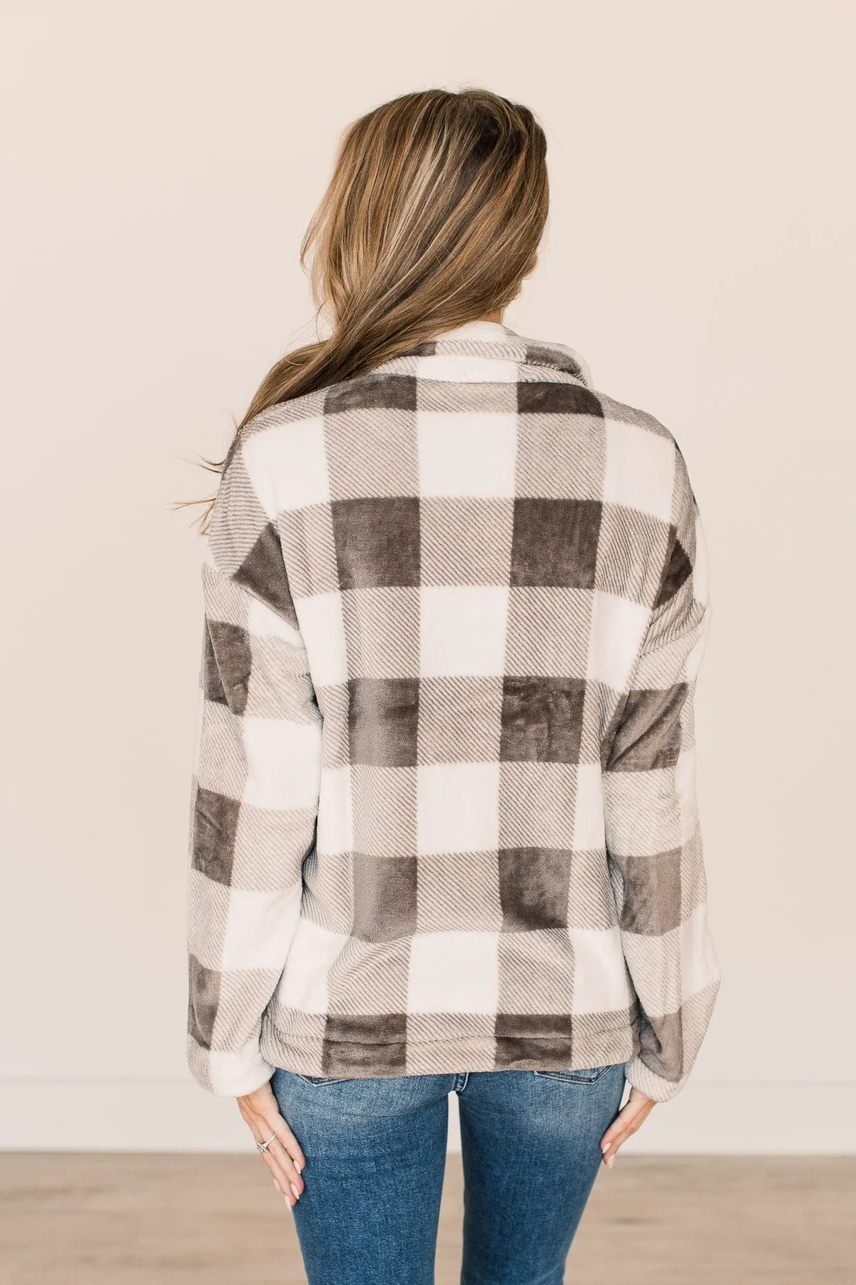 Mistletoe Kisses Plaid Button Sherpa- Ivory & Grey