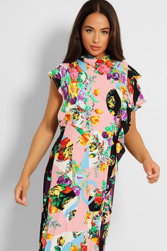 Multicolour High Neck Cowl Back Day Dress