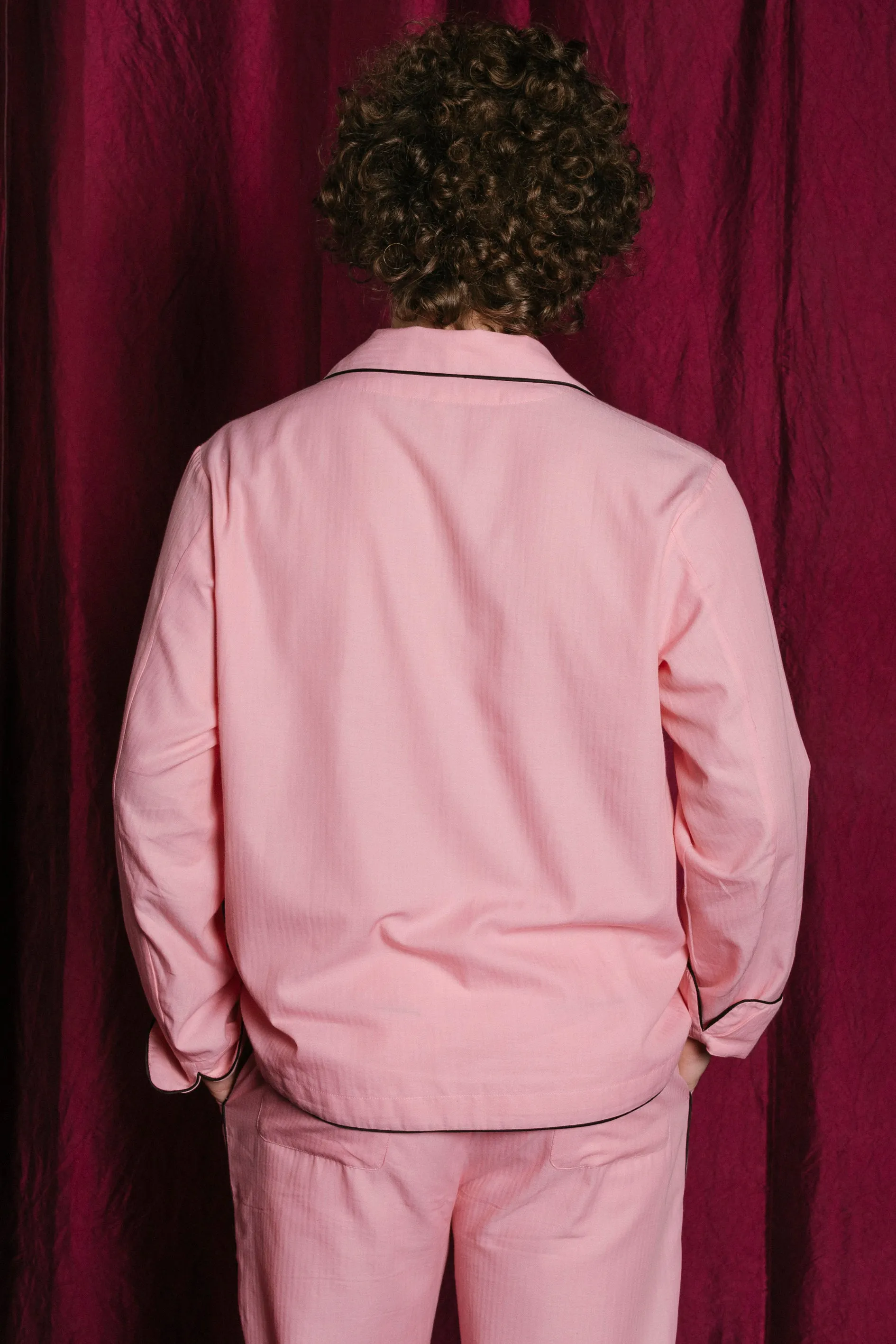 PYJAMA PINK with black piping 100% COTTON Herringbone-light