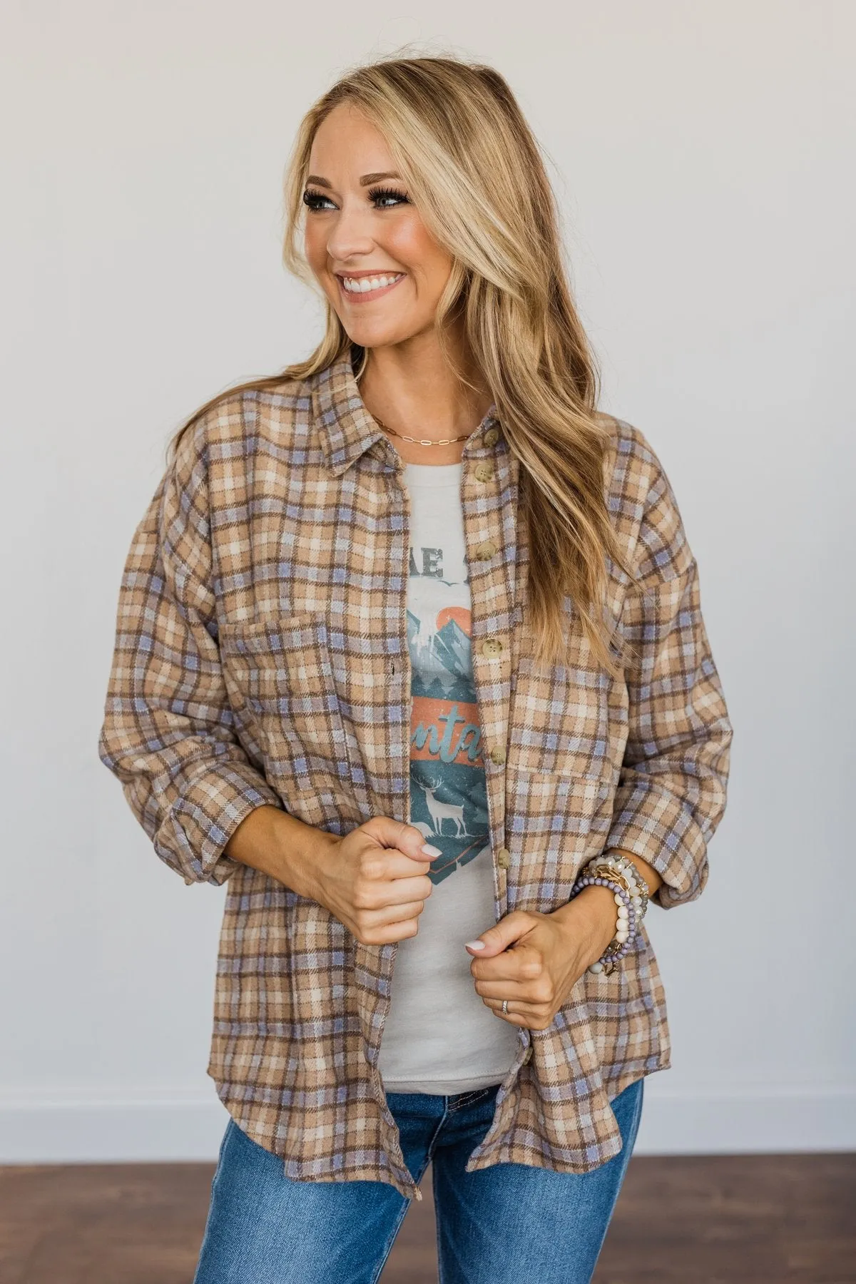 Raking In The Fun Flannel- Taupe, Tan, & Dusty Blue