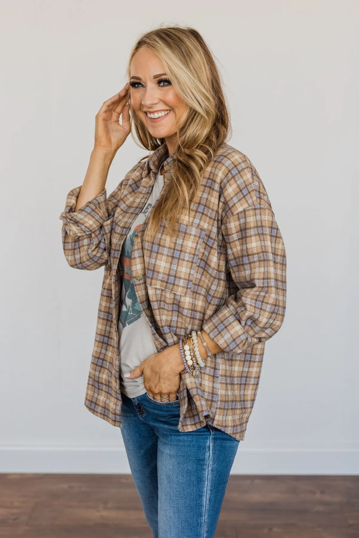 Raking In The Fun Flannel- Taupe, Tan, & Dusty Blue