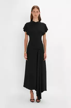 Short Sleeve Tie Detail Dress In Black