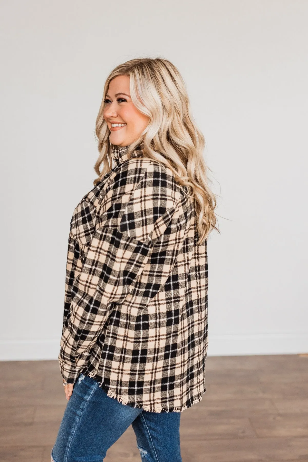 Staying In Love Frayed Flannel- Black & Beige