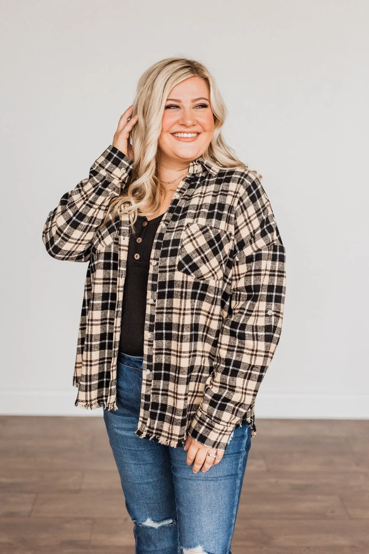 Staying In Love Frayed Flannel- Black & Beige