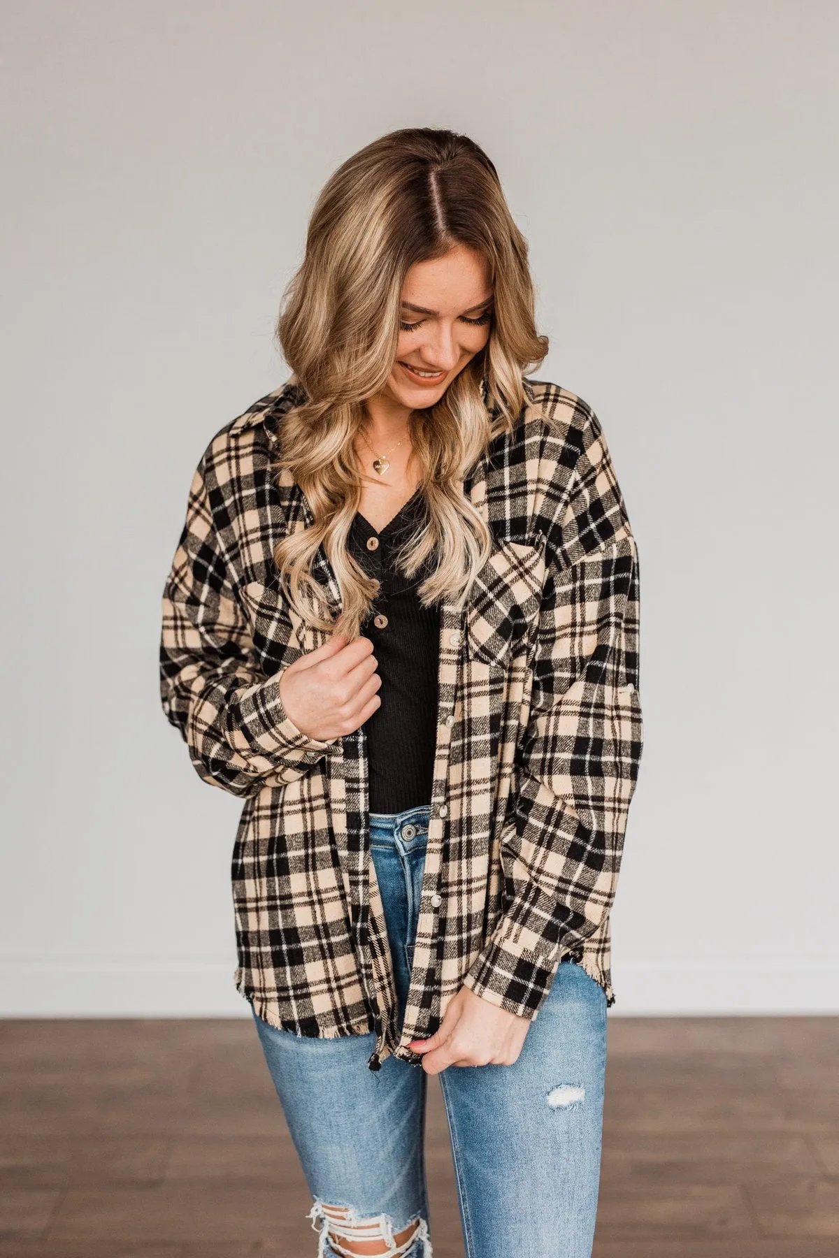 Staying In Love Frayed Flannel- Black & Beige