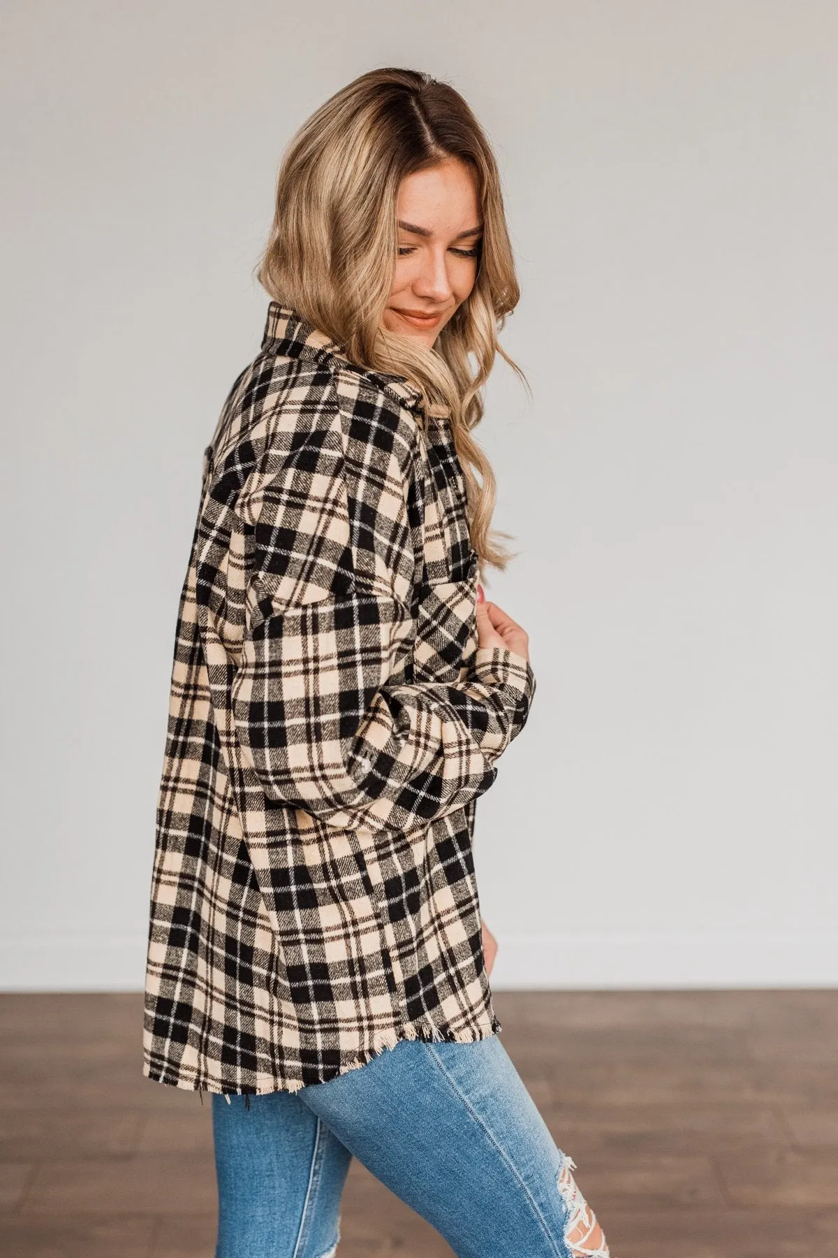 Staying In Love Frayed Flannel- Black & Beige