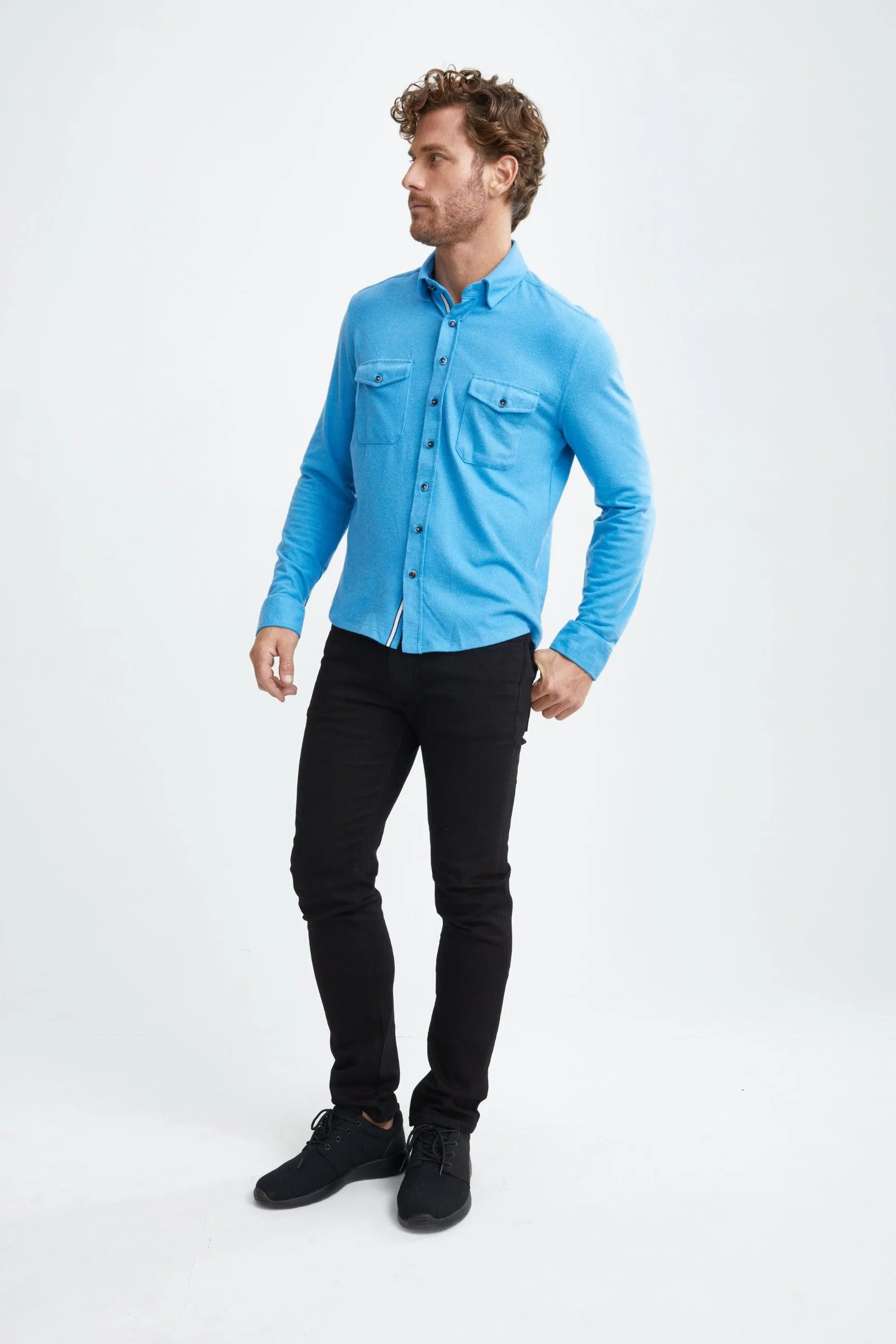 Stone Rose Long Sleeve Jersey Fleece Knit Shirt In Blue