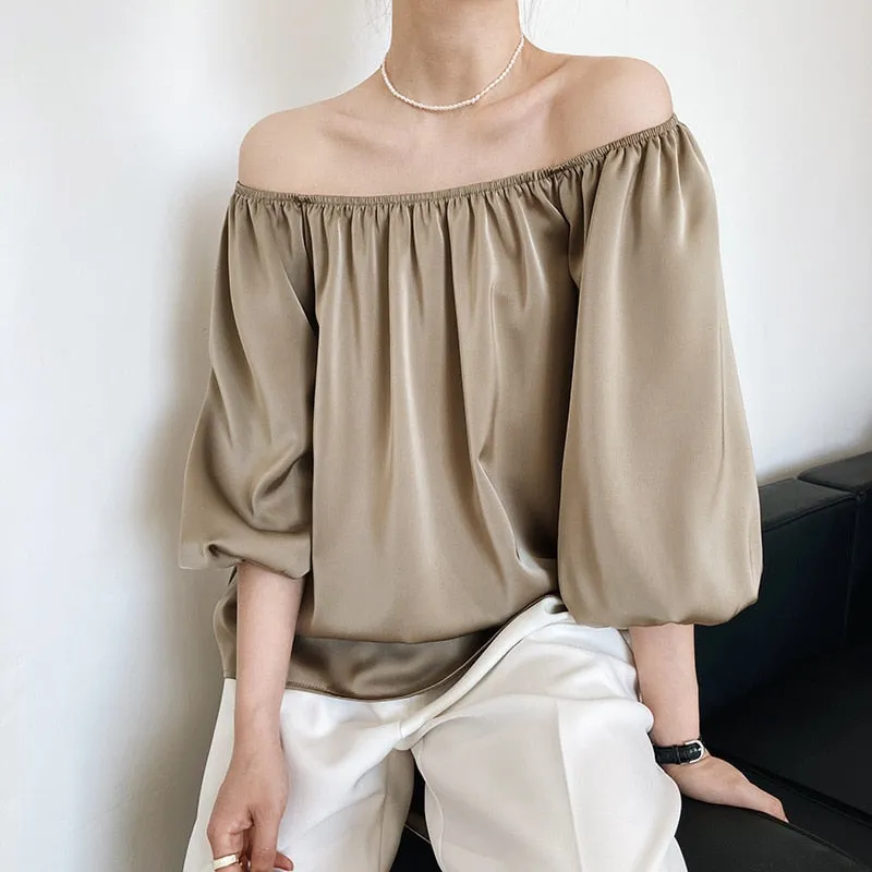 Summer Casual Loose Shirts Women Half Sleeve Slash Neck Blouse Pullover Satin Tops Outwear