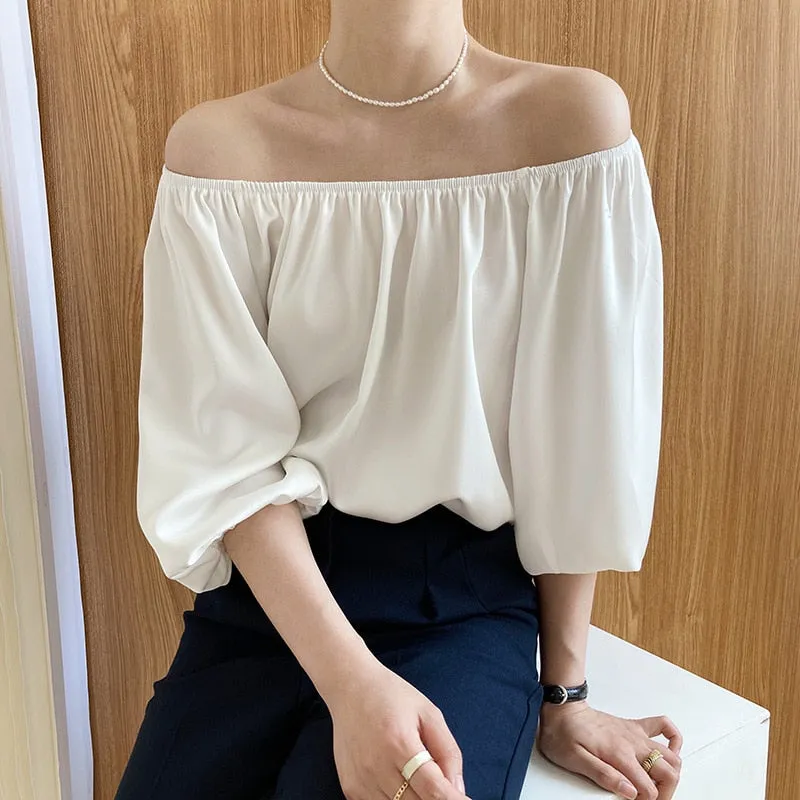 Summer Casual Loose Shirts Women Half Sleeve Slash Neck Blouse Pullover Satin Tops Outwear