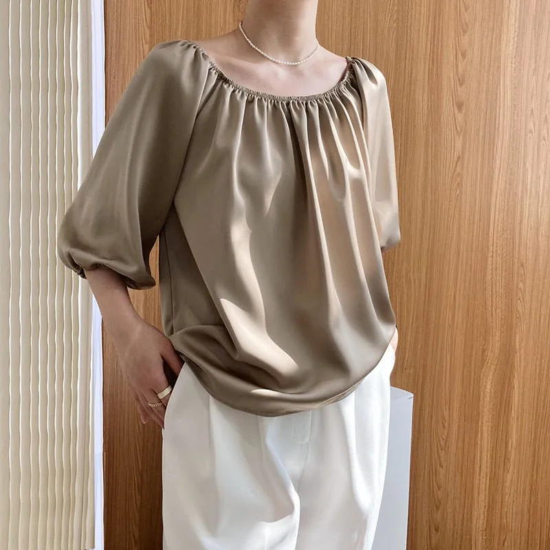 Summer Casual Loose Shirts Women Half Sleeve Slash Neck Blouse Pullover Satin Tops Outwear