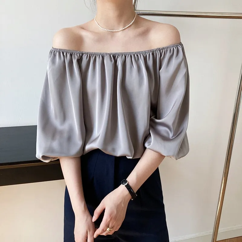 Summer Casual Loose Shirts Women Half Sleeve Slash Neck Blouse Pullover Satin Tops Outwear