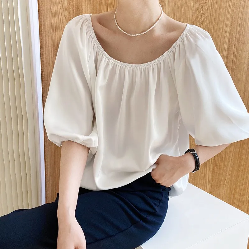 Summer Casual Loose Shirts Women Half Sleeve Slash Neck Blouse Pullover Satin Tops Outwear