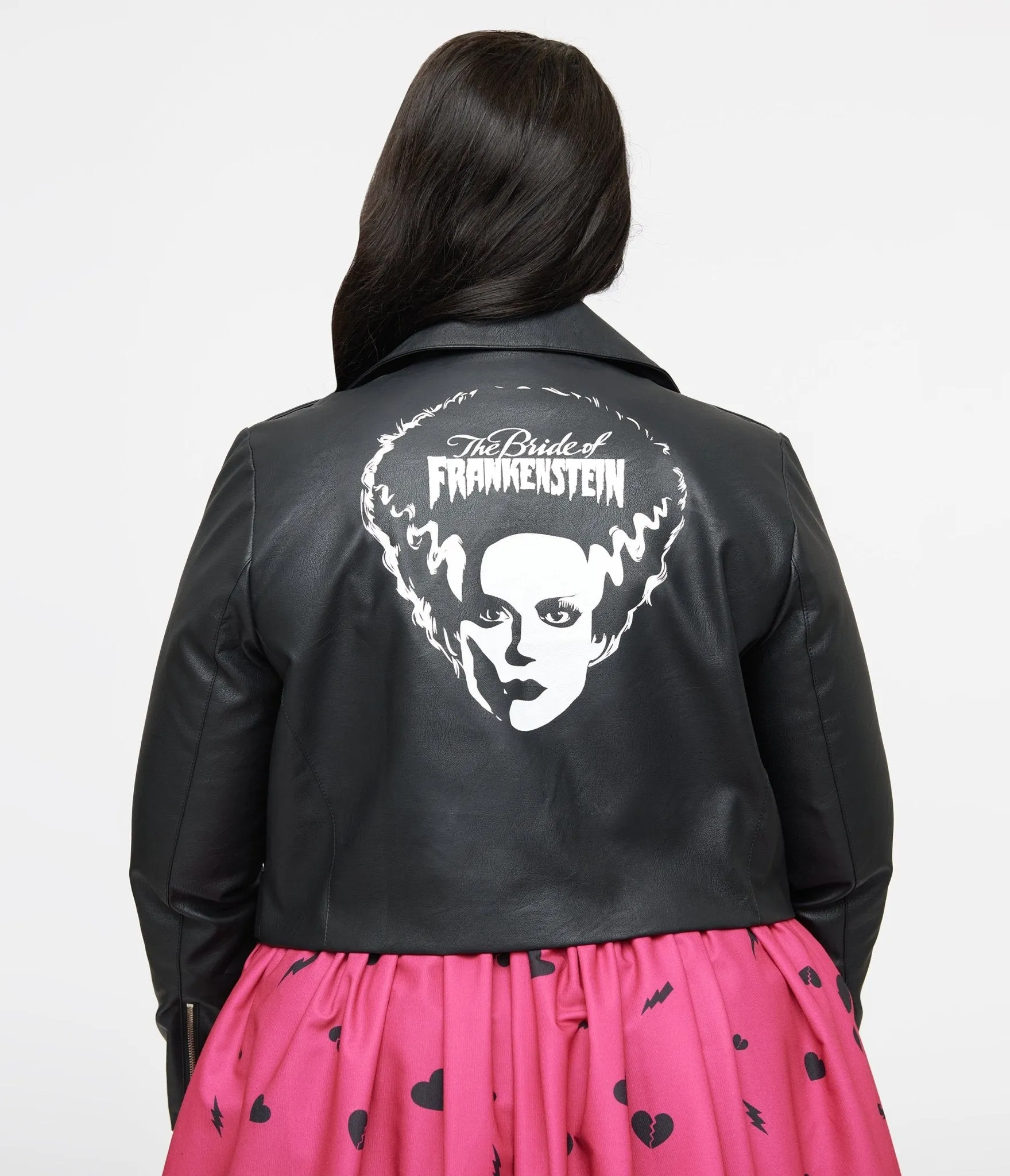 Universal Monsters x Unique Vintage Plus Size Black & White Bride of Frankenstein Leather Jacket