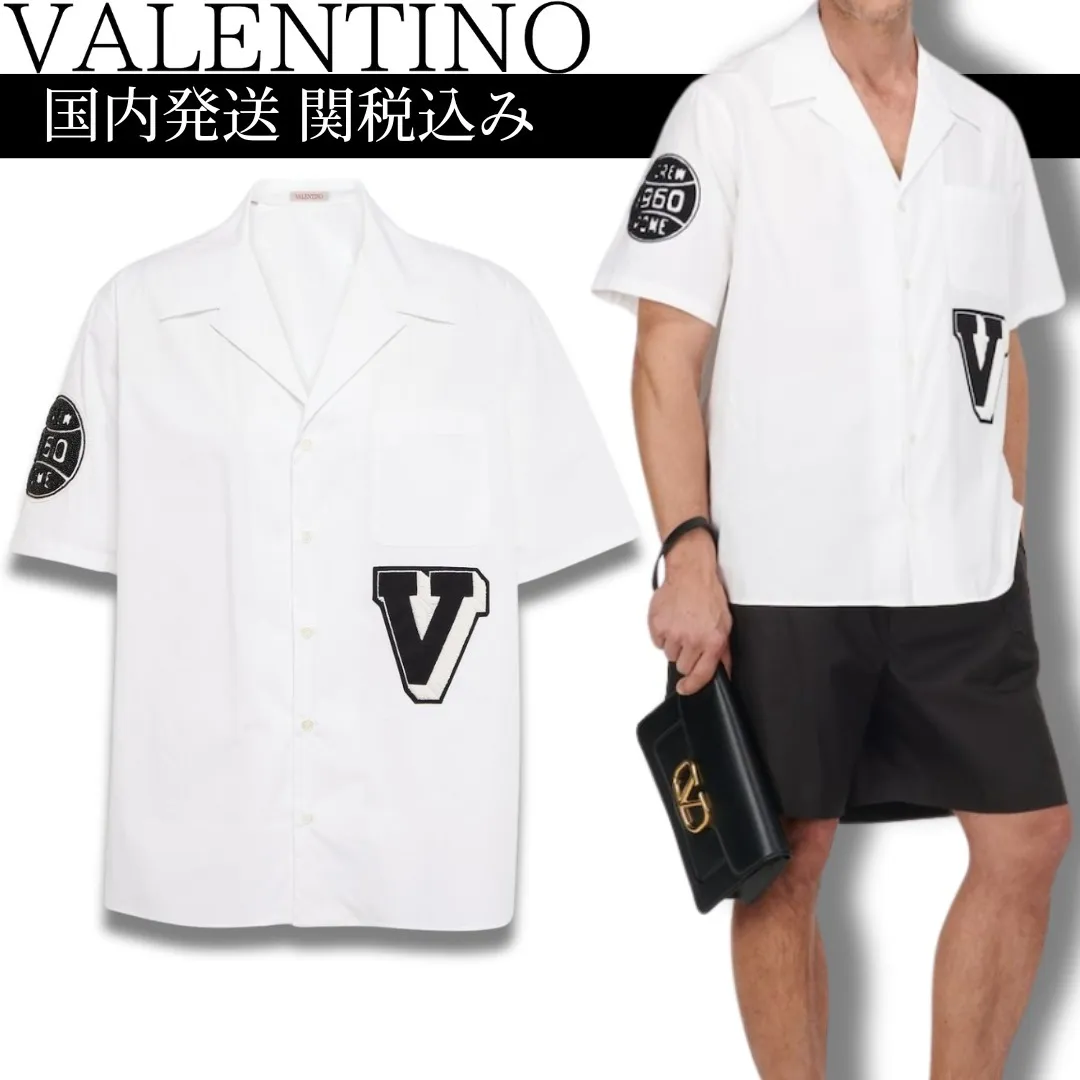 VALENTINO  |Street Style Plain Cotton Short Sleeves Logo Front Button