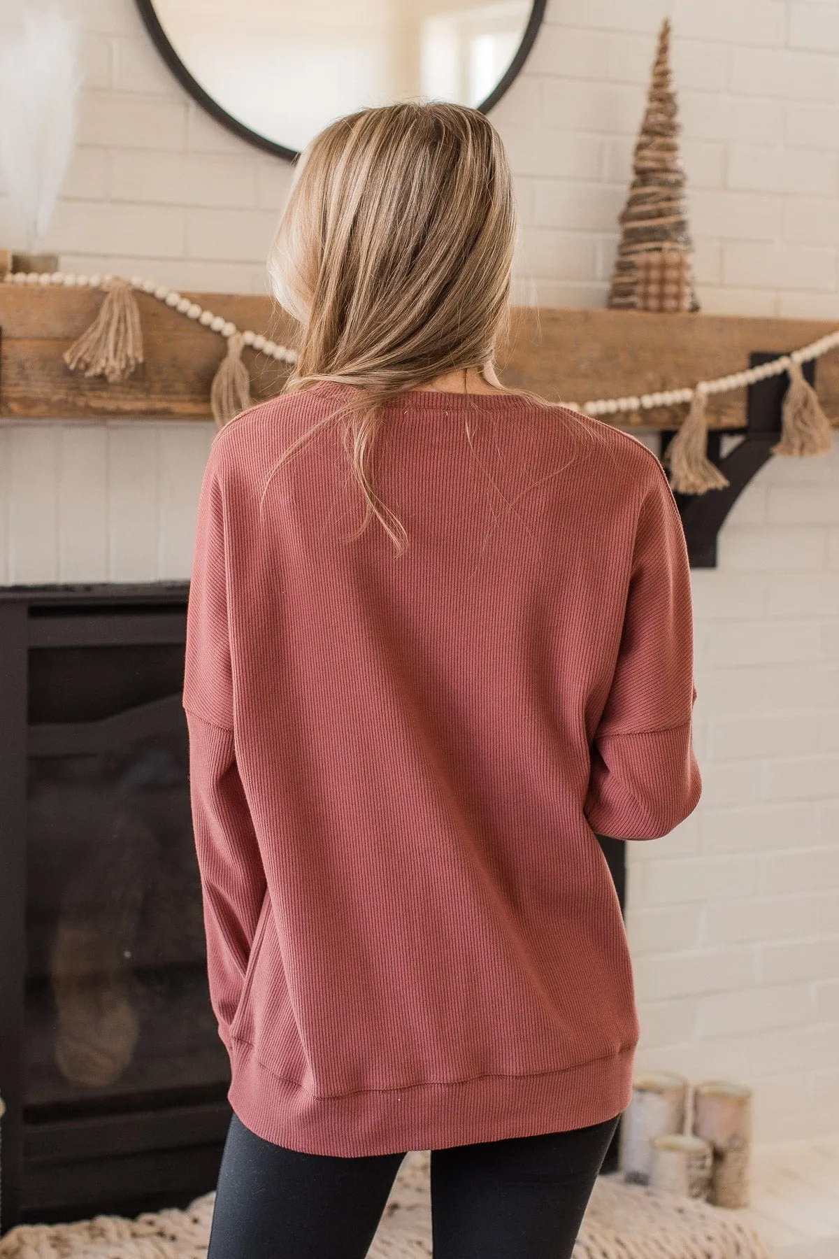 Walk My Way Corduroy Knit Crew Neck- Dusty Brick