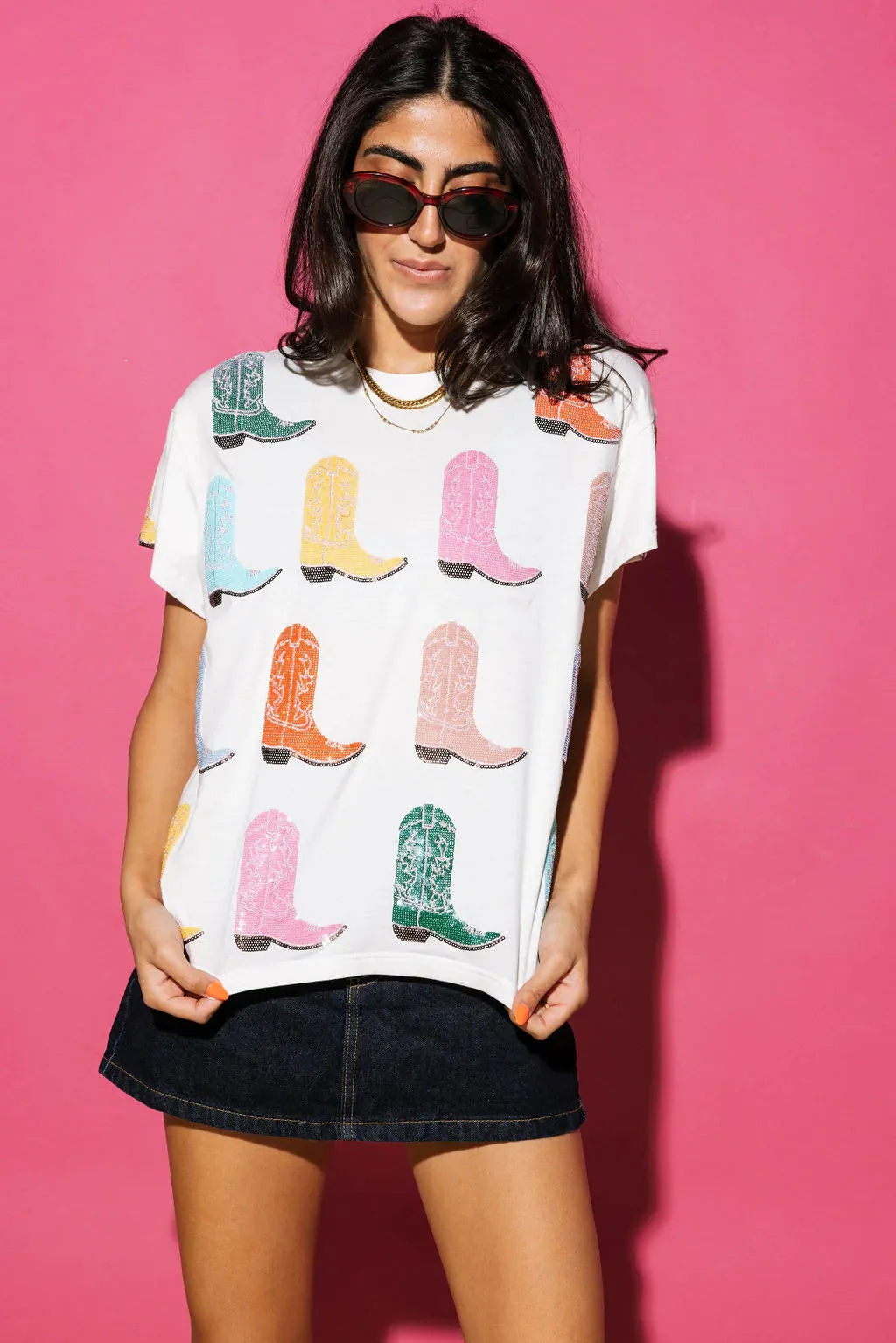 White Multi Cowboy Boot Tee - Women's