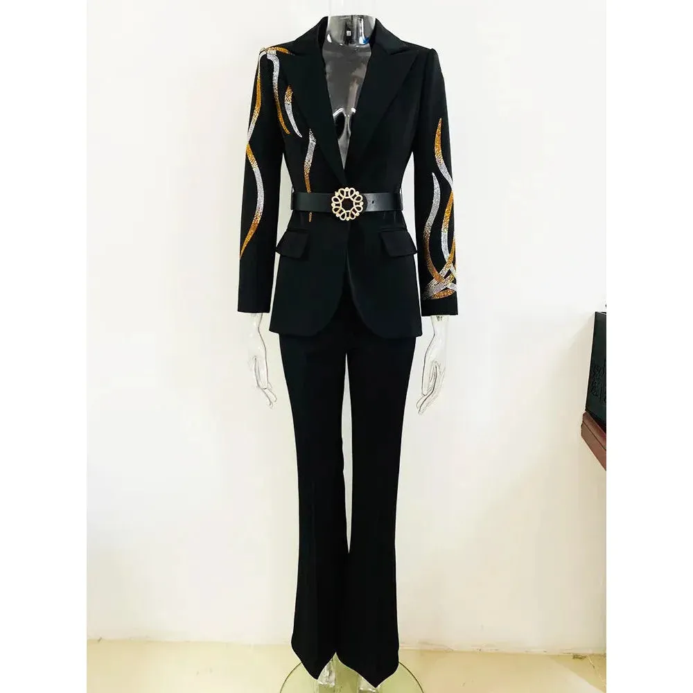 Women's Colorful Diamonds Belted Blazer Flare Pants Two-Piece Set