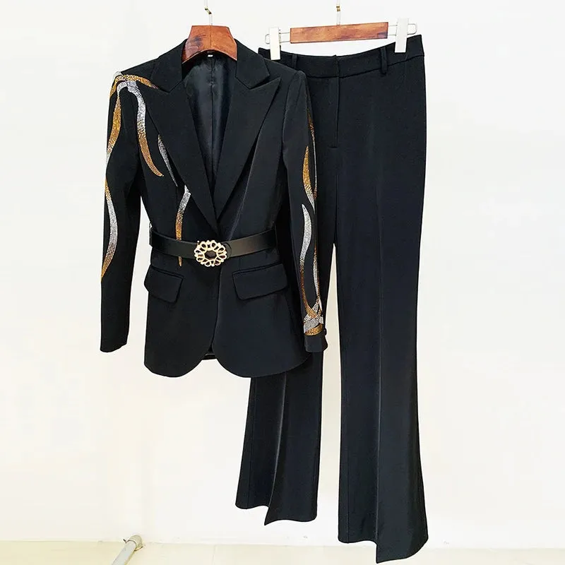 Women's Colorful Diamonds Belted Blazer Flare Pants Two-Piece Set