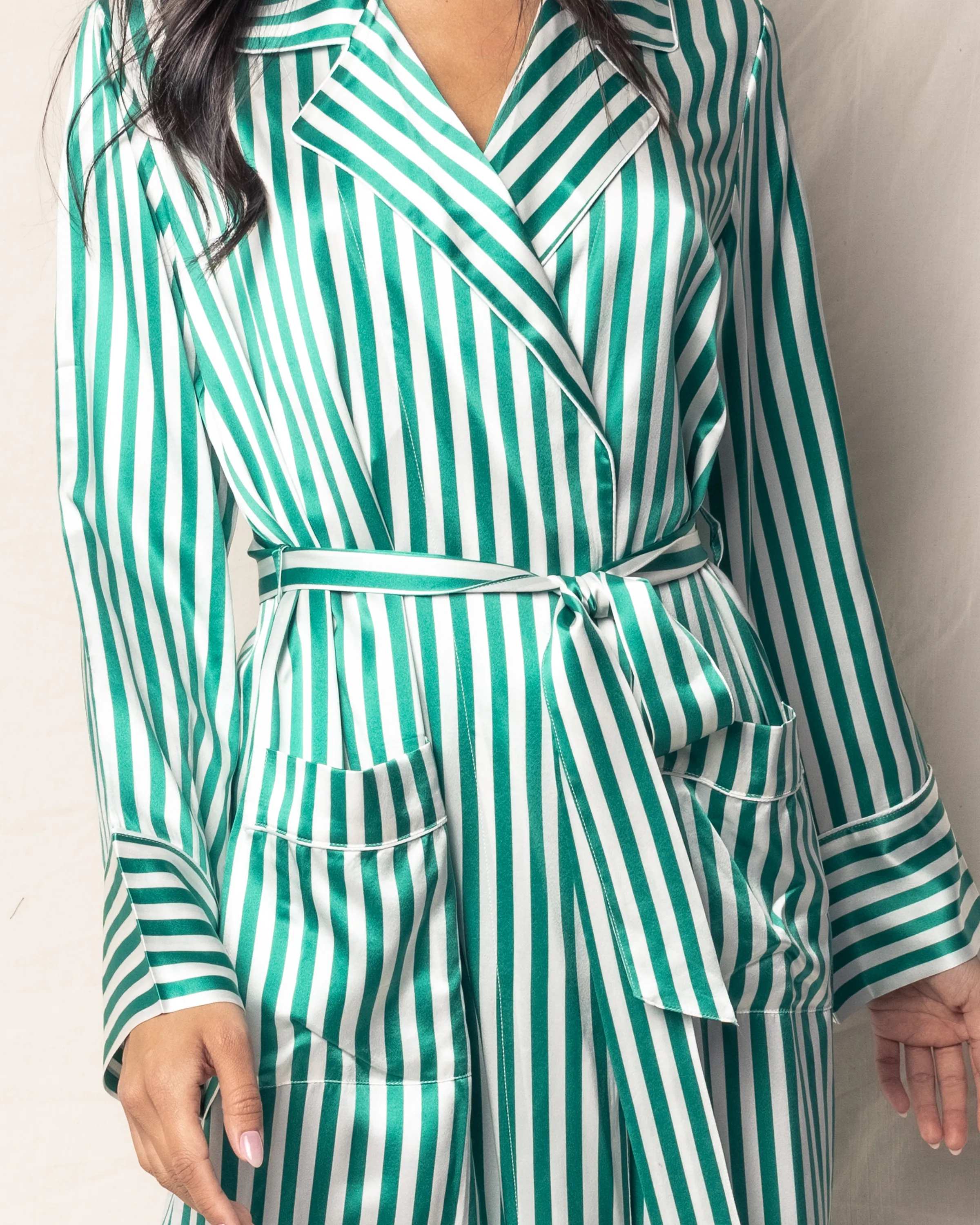 Women's Silk Long Robe in Green Stripe